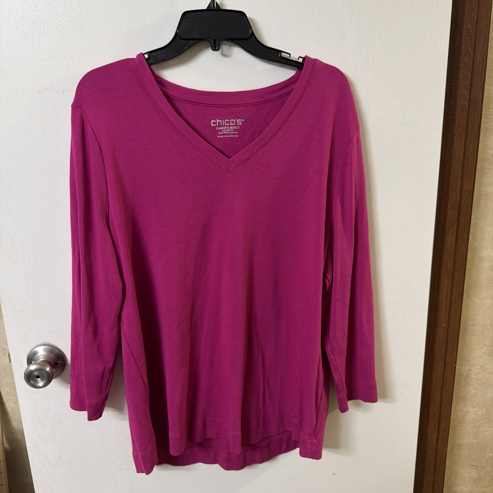 Chico's Fuscia 3/4 V Neck T-Shirt Sz XL
